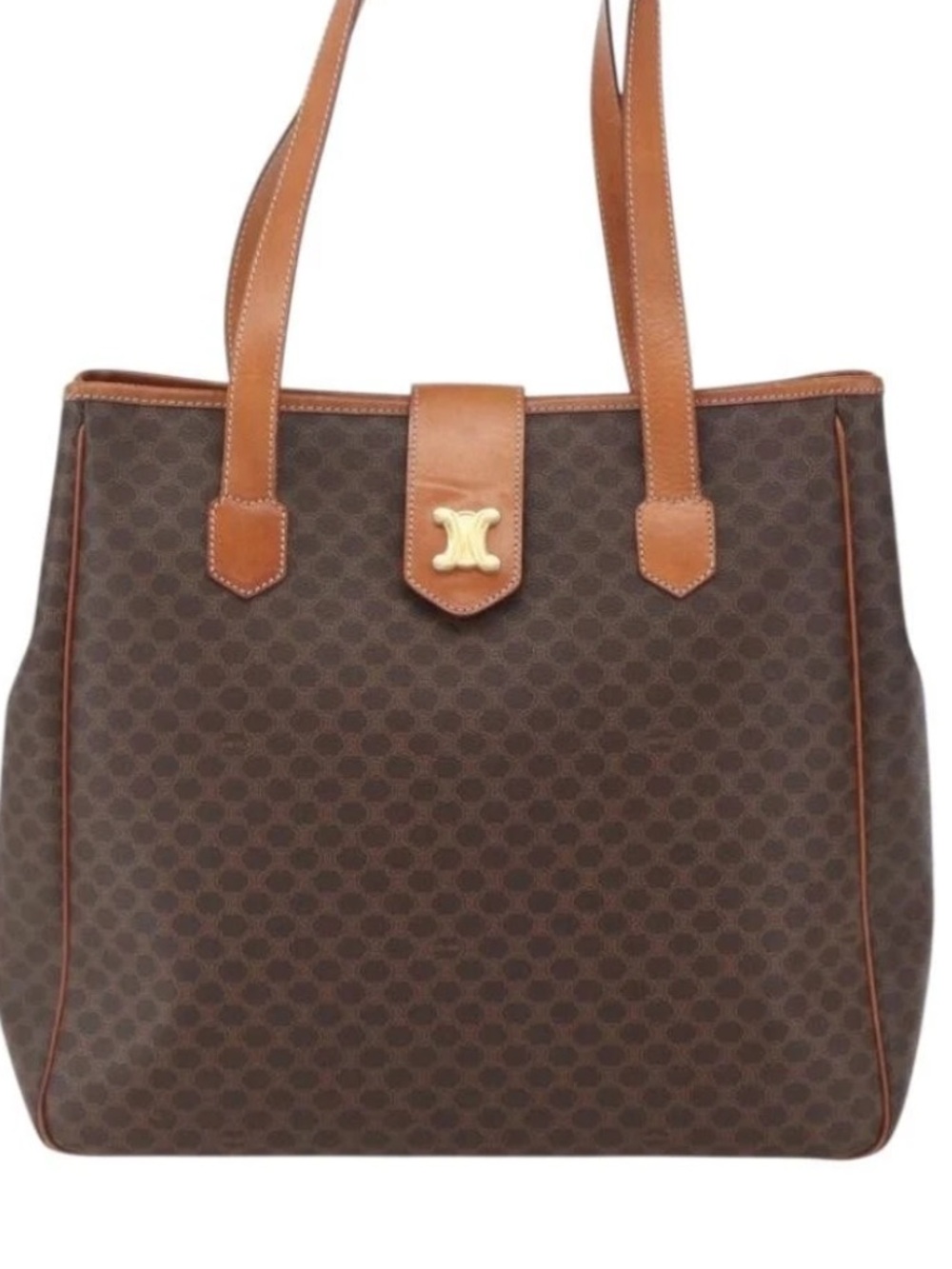 Celine Brown Monogram Madam Tote with Tan Leather Trim and Gold Accent